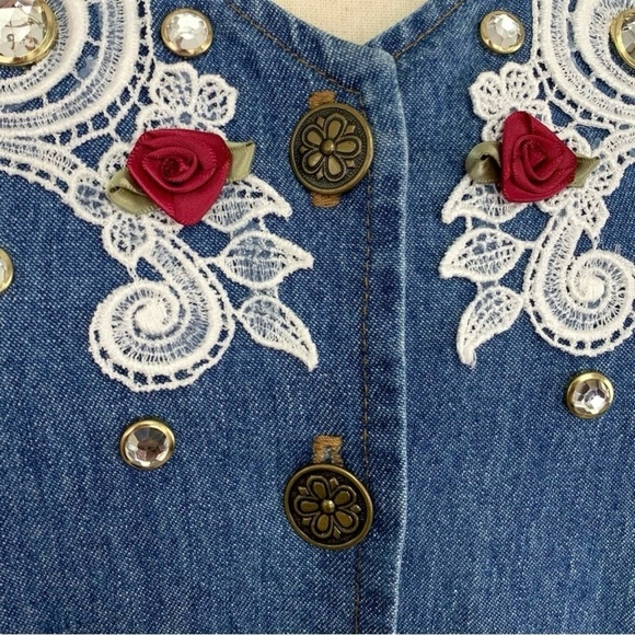 Mirage Vintage 90s Denim Midi Dress Embellished Art To Wear Cottagecore - Picture 5 of 11